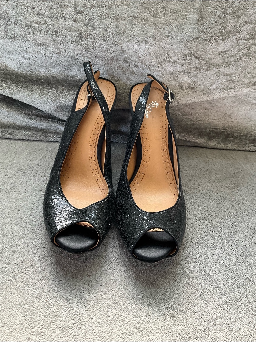 Brooks Brothers Black Glitter Slingback Peep-Toe Heels